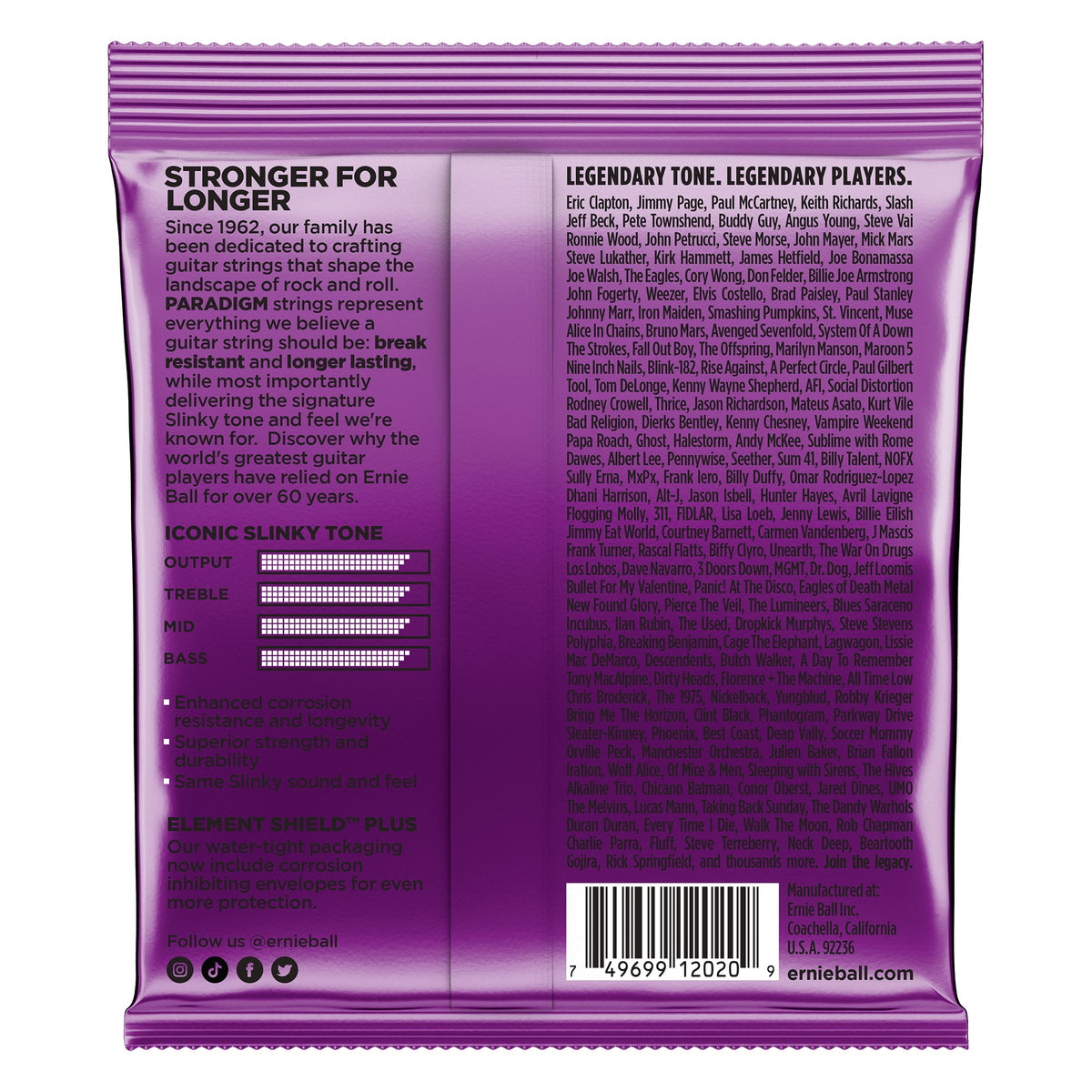 Mặt sau bao bì dây Ernie Ball 2020: mã vạch 749699120209