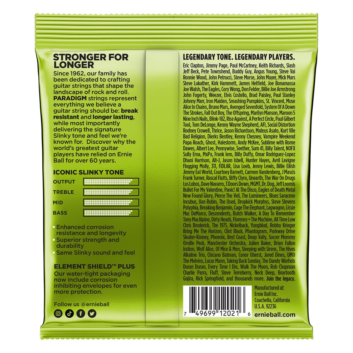 Mặt sau bao bì dây Ernie Ball 2021: mã vạch 749699120216