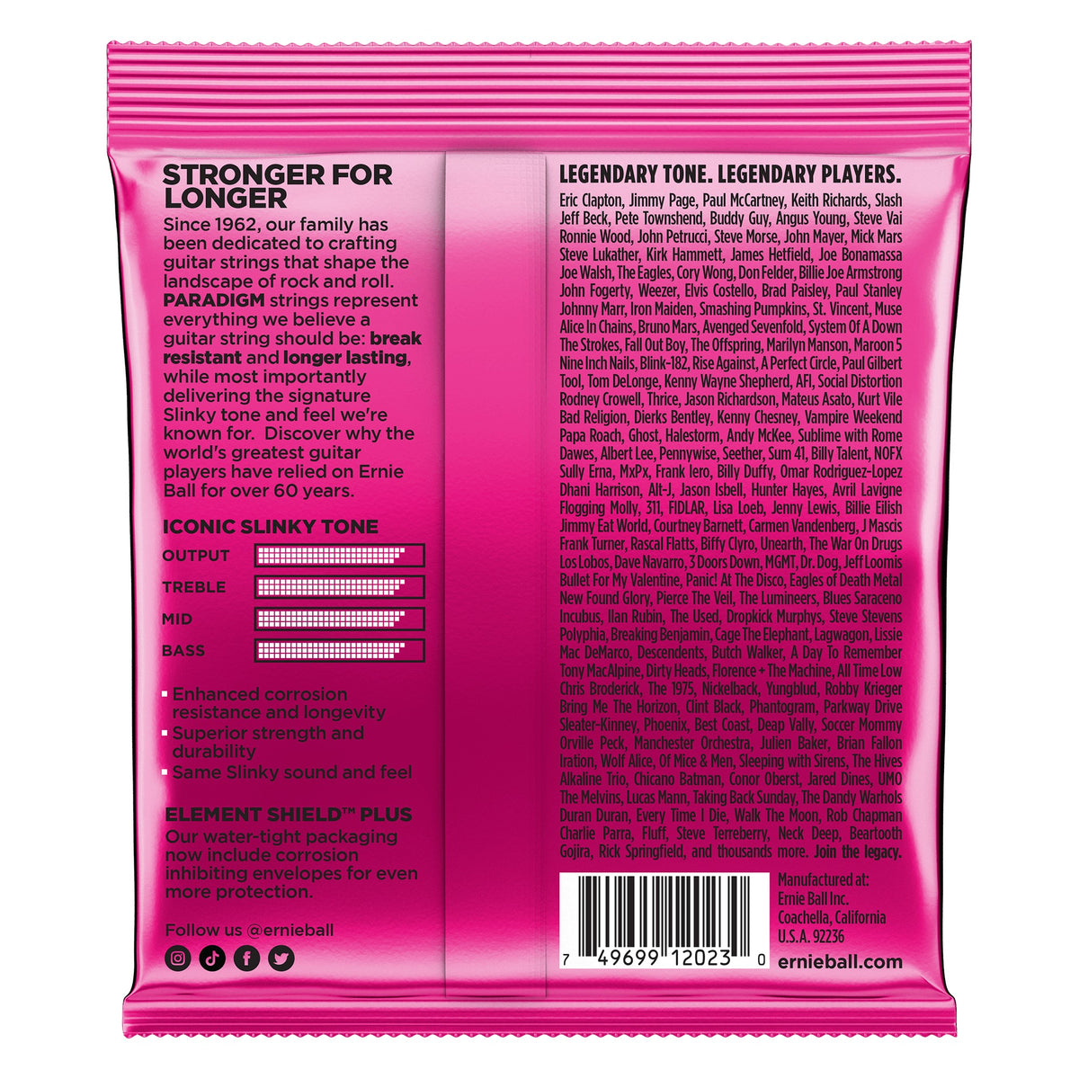 Mặt sau bao bì dây Ernie Ball 2023: mã vạch 749699120230