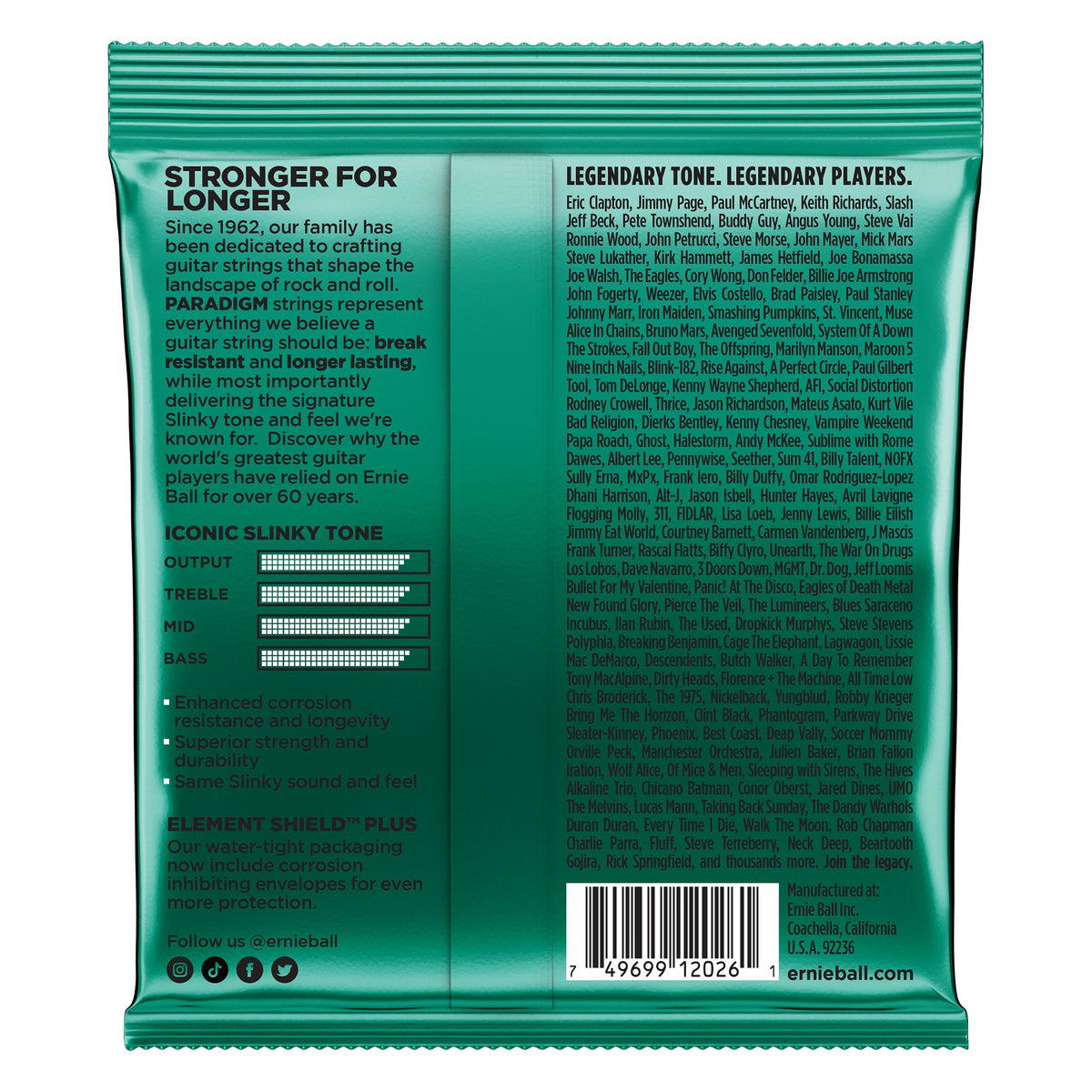 Mặt sau bao bì dây Ernie Ball 2026: mã vạch 749699120261