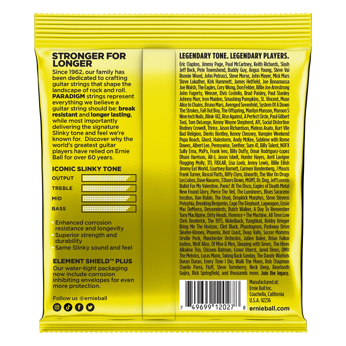 Mặt sau bao bì dây Ernie Ball 2027: mã vạch 749699120278