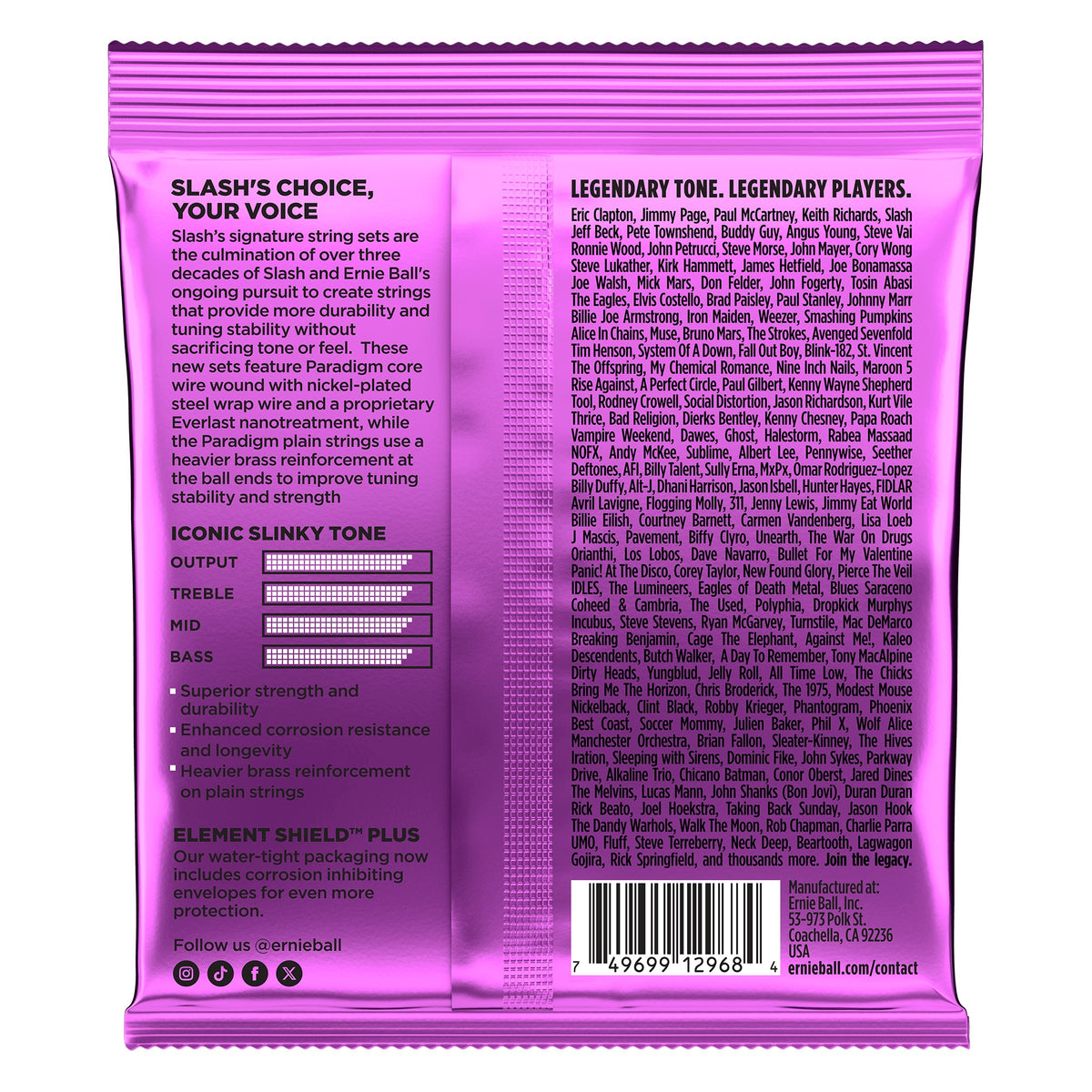 Mặt sau bao bì dây Ernie Ball 2200: mã vạch 749699129684
