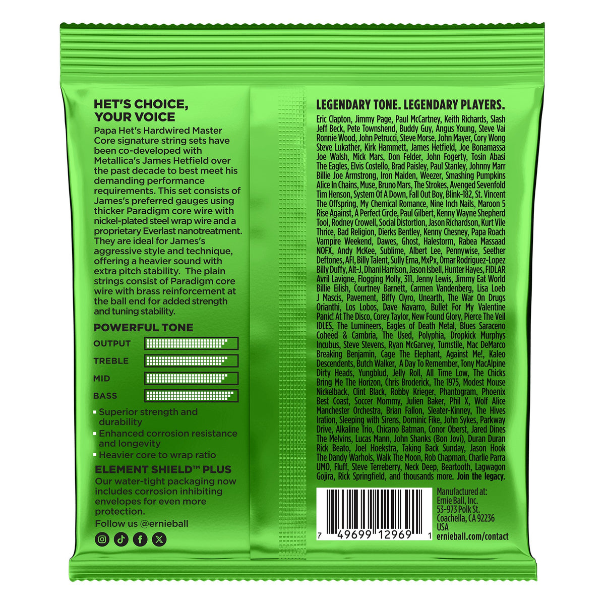 Mặt sau bao bì dây Ernie Ball 2201: mã vạch 749699129691