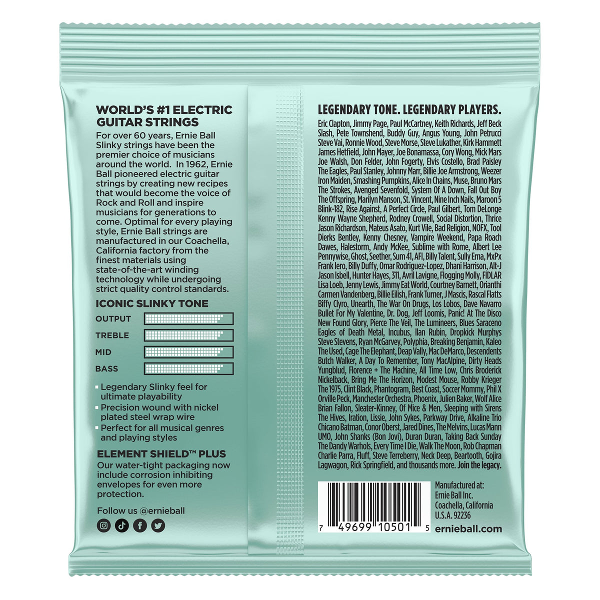 Mặt sau bao bì dây Ernie Ball 2211: mã vạch 749699105015