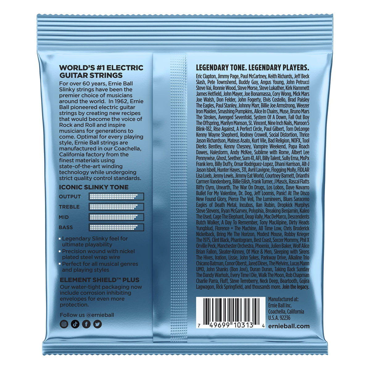 Mặt sau bao bì dây Ernie Ball 2212: mã vạch 749699103134