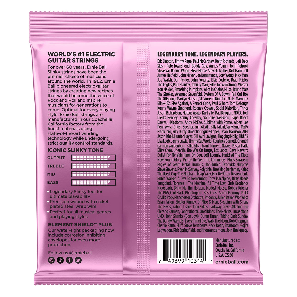 Mặt sau bao bì dây Ernie Ball 2213: mã vạch 749699103141