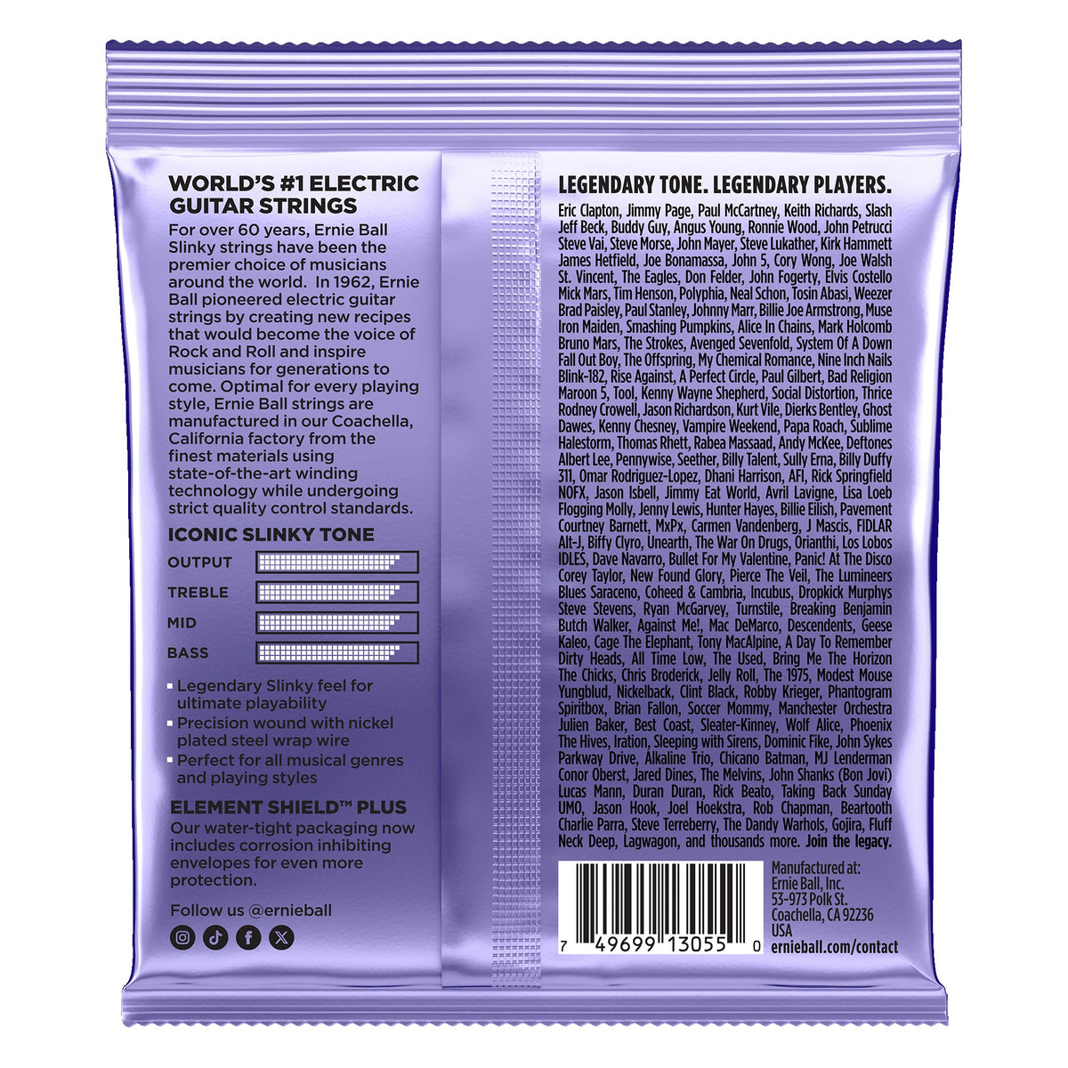 Mặt sau bao bì dây Ernie Ball 2219: mã vạch 749699130550