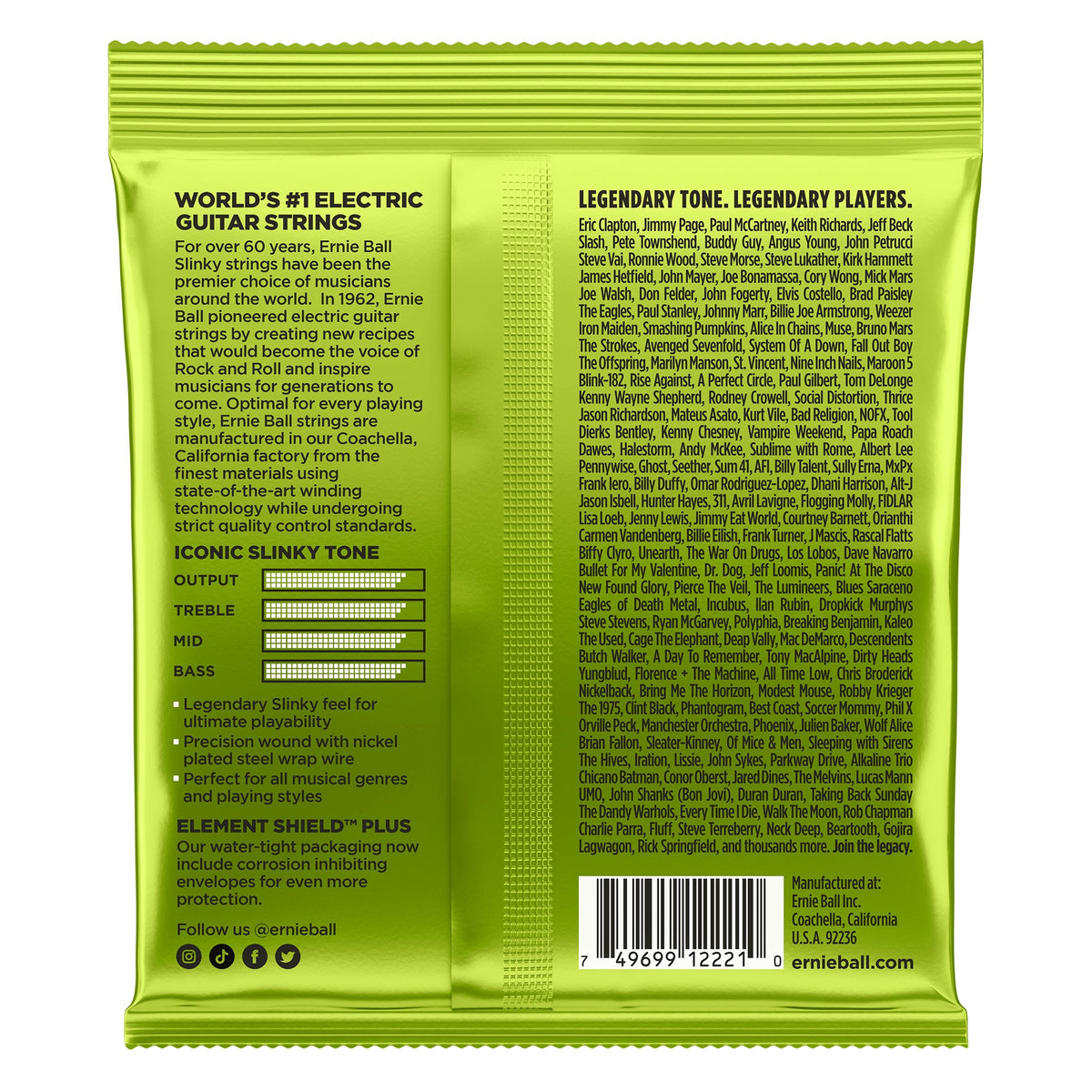 Mặt sau bao bì dây Ernie Ball 2221: mã vạch 749699122210