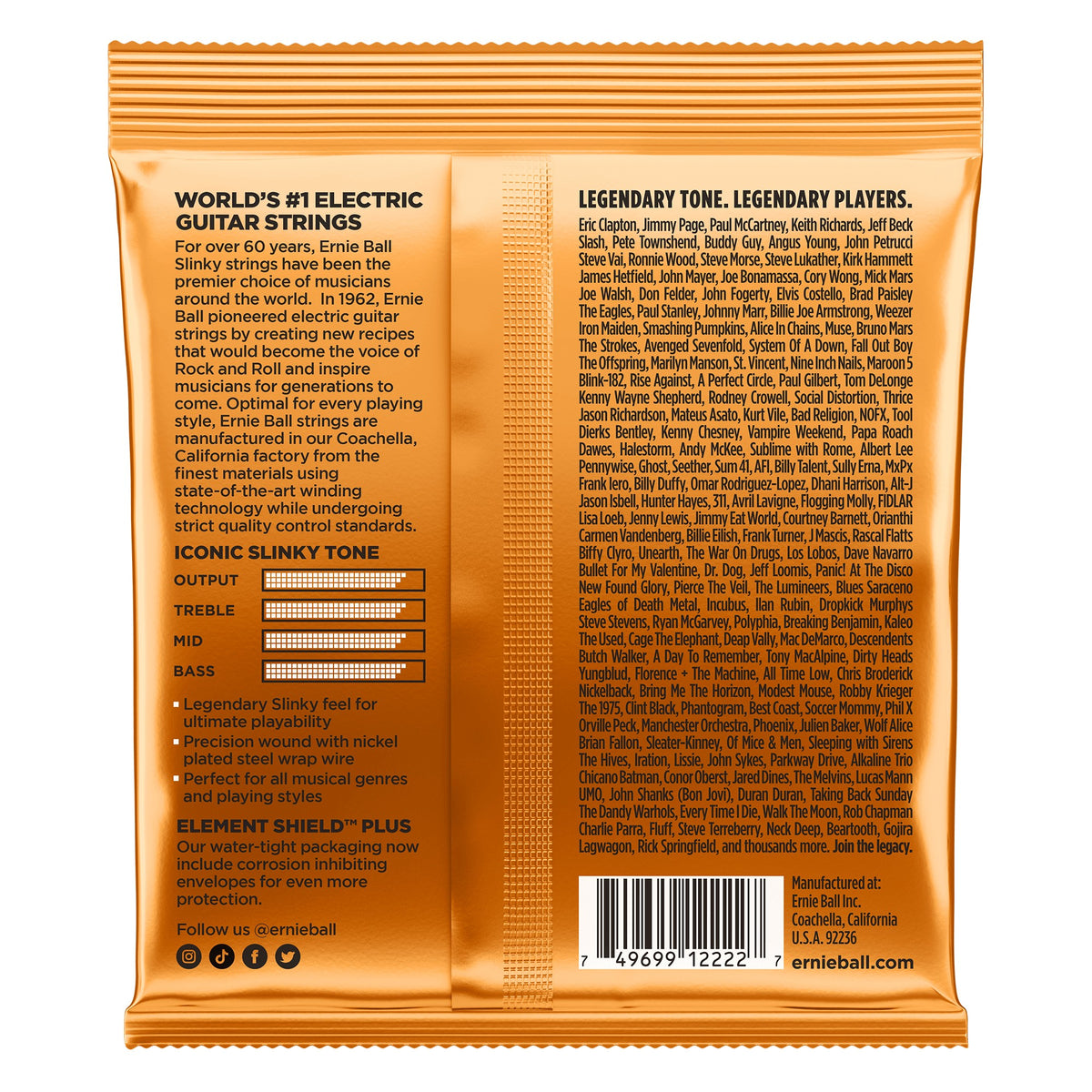 Mặt sau bao bì dây Ernie Ball 2222: mã vạch 749699122227