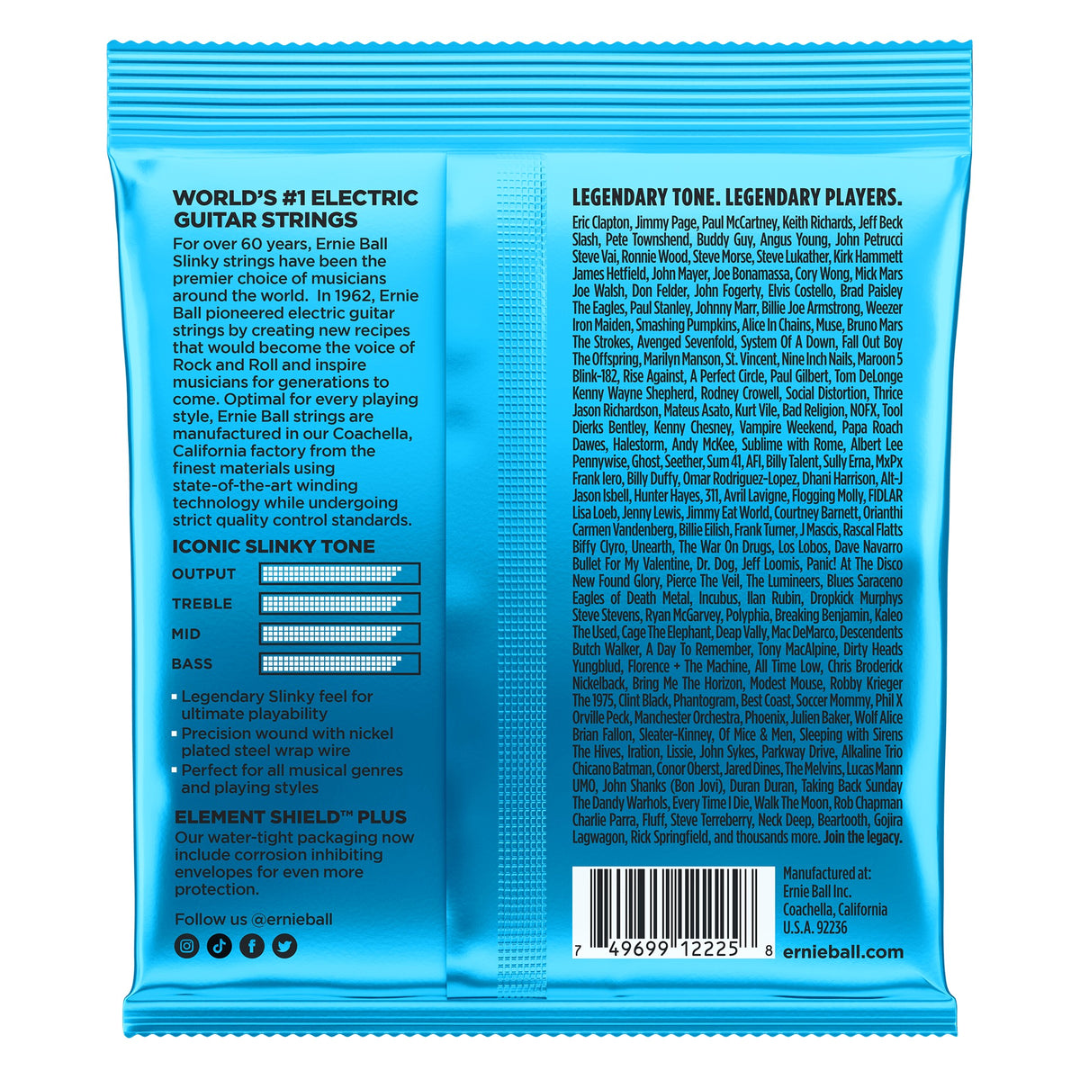 Mặt sau bao bì dây Ernie Ball 2225: mã vạch 749699122258