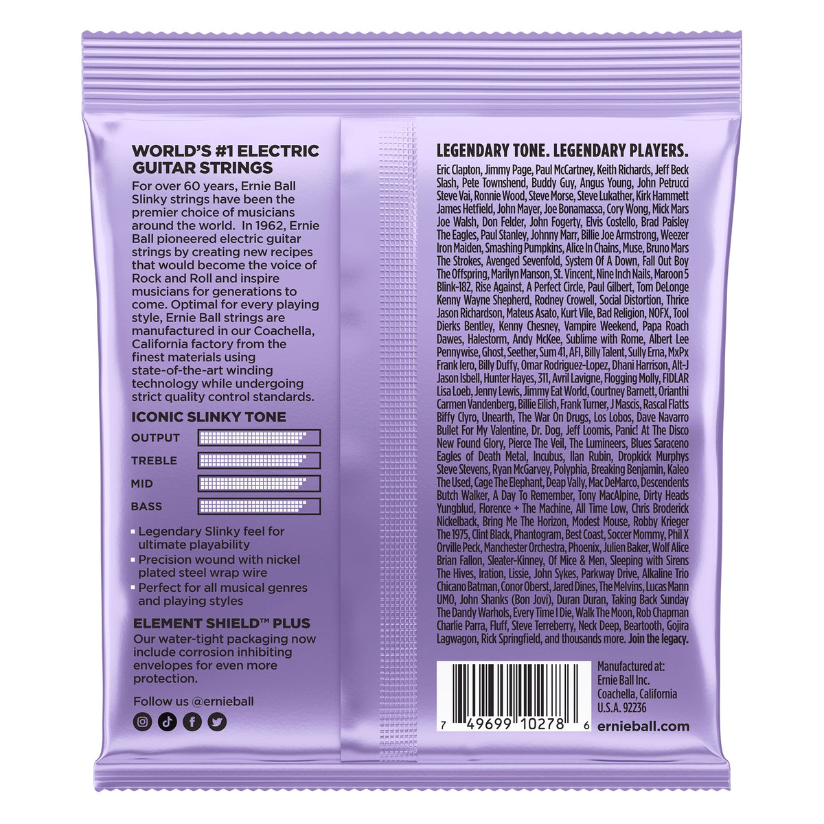 Mặt sau bao bì dây Ernie Ball 2227: mã vạch 749699102786