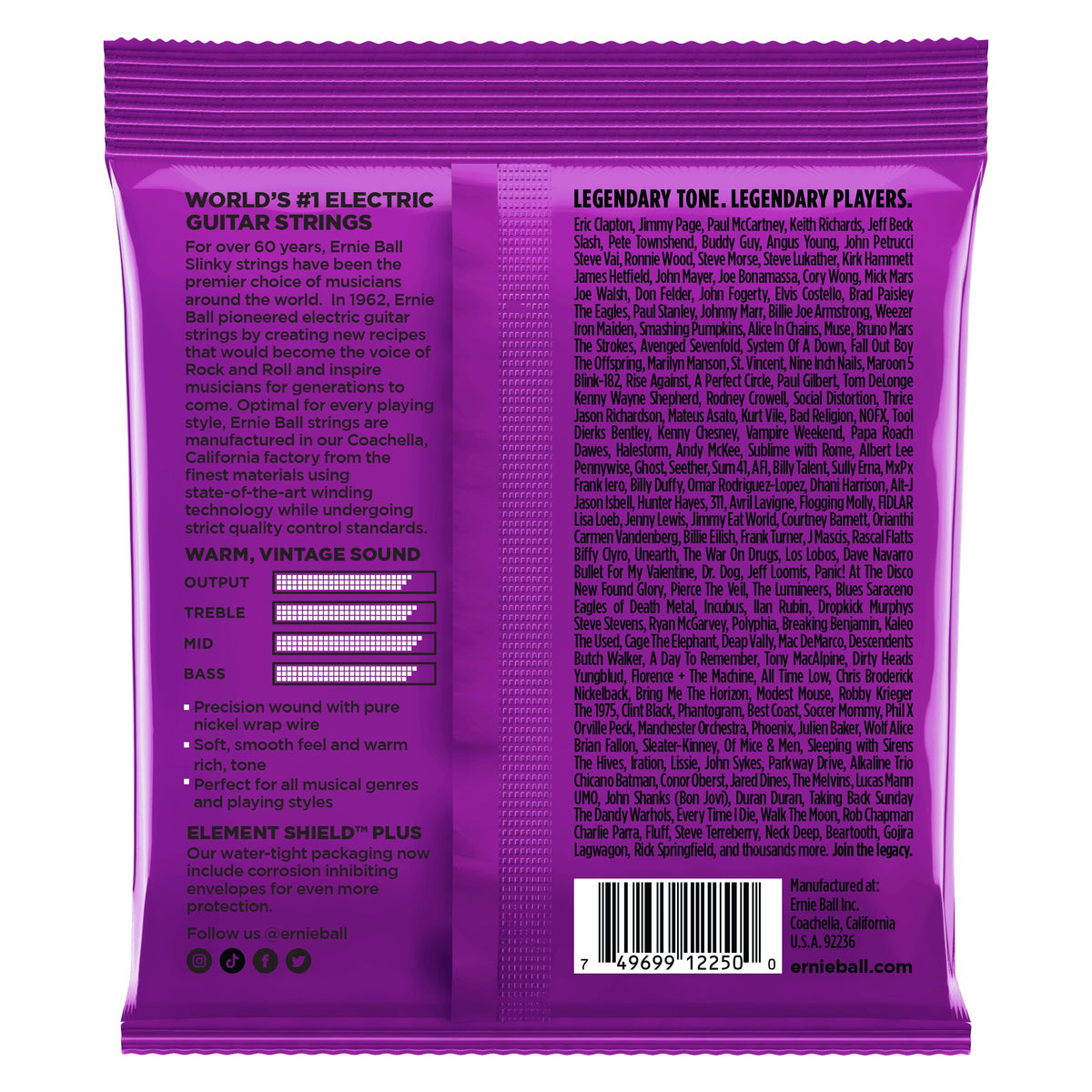 Mặt sau bao bì dây Ernie Ball 2250: mã vạch 749699122500