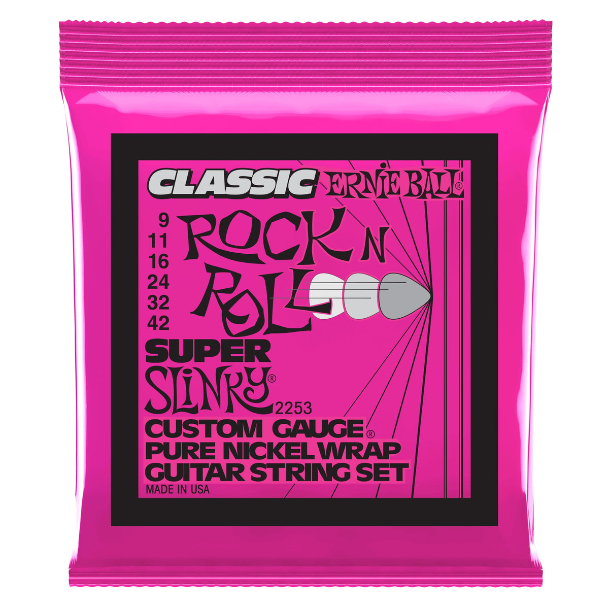 Dây Ernie Ball 2253 Super Slinky Classic Rock n Roll Pure Nickel 9-42 – bao bì mặt trước