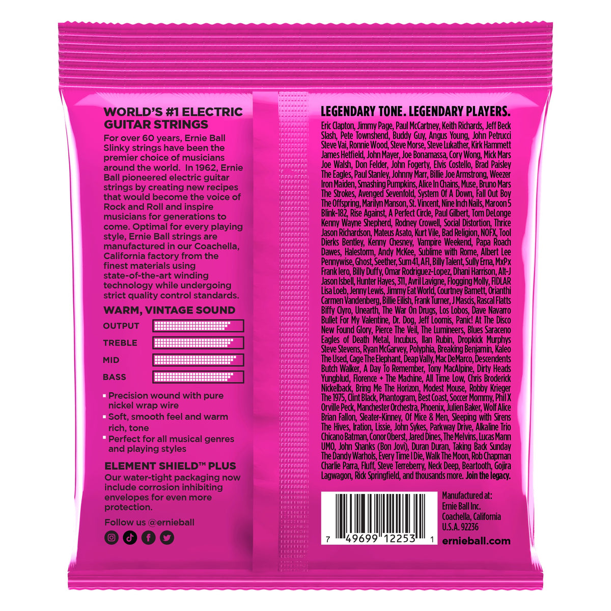 Mặt sau bao bì dây Ernie Ball 2253: mã vạch 749699122531