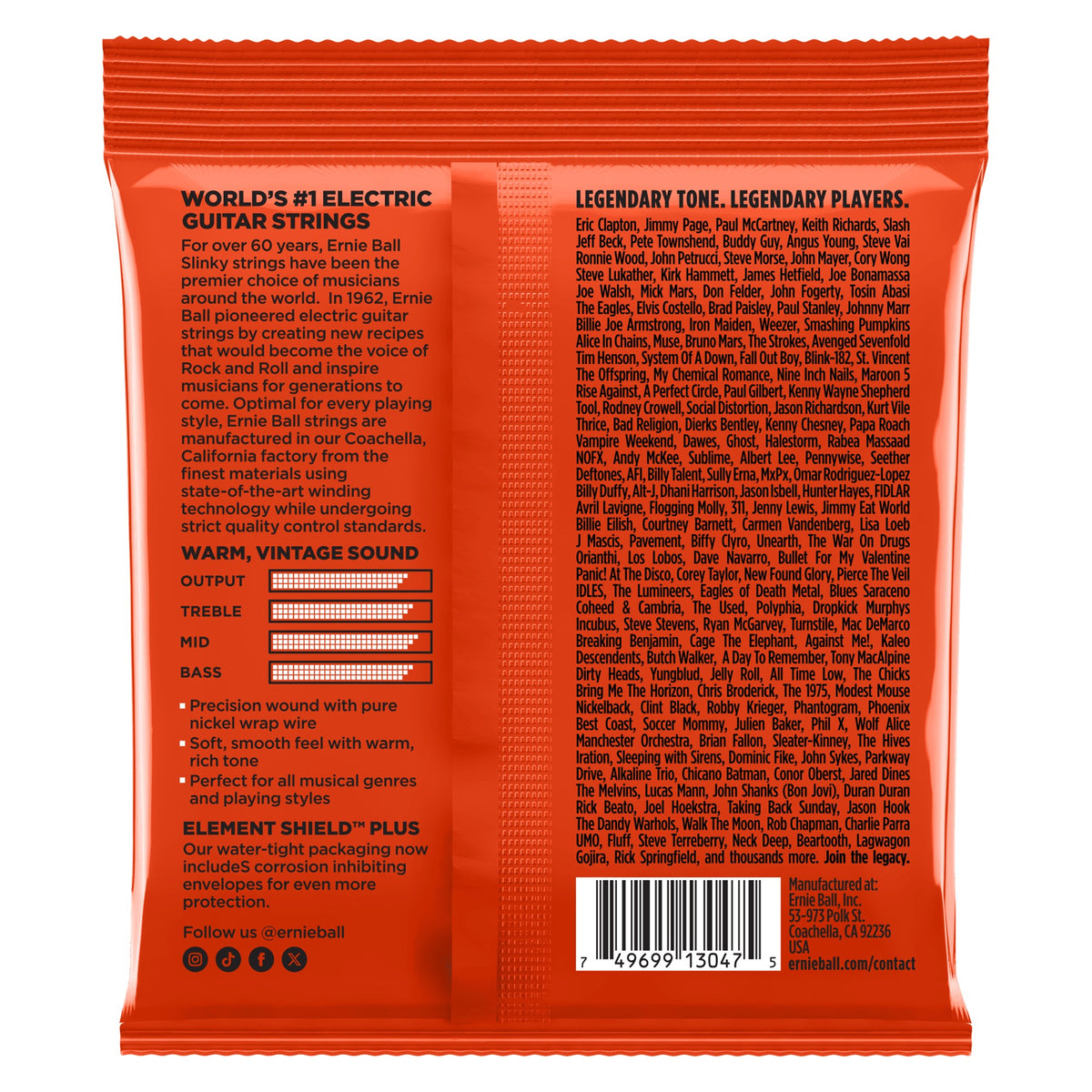 Mặt sau bao bì dây Ernie Ball 2254: mã vạch 749699130475