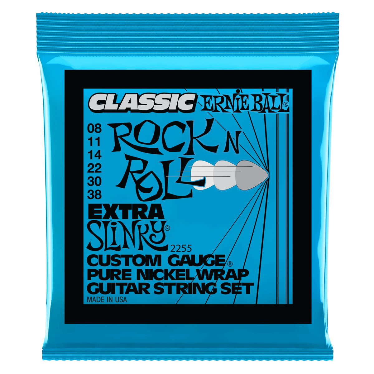 Dây Ernie Ball 2255 Extra Slinky Classic Rock n Roll Pure Nickel 8-38 – bao bì mặt trước