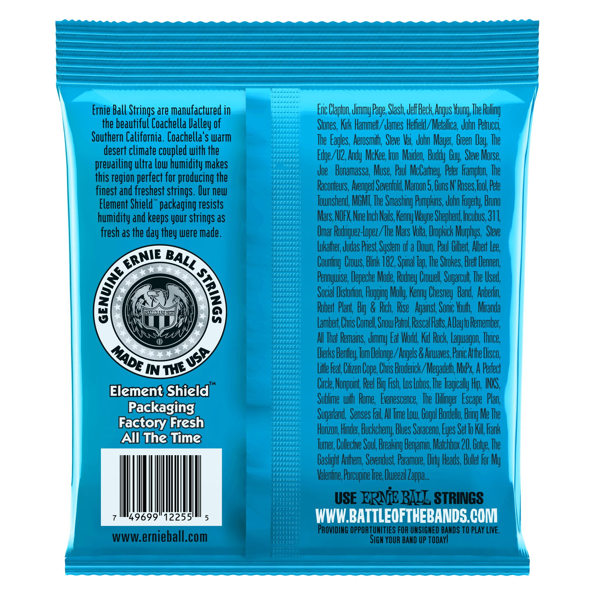 Mặt sau bao bì dây Ernie Ball 2255: mã vạch 749699122555