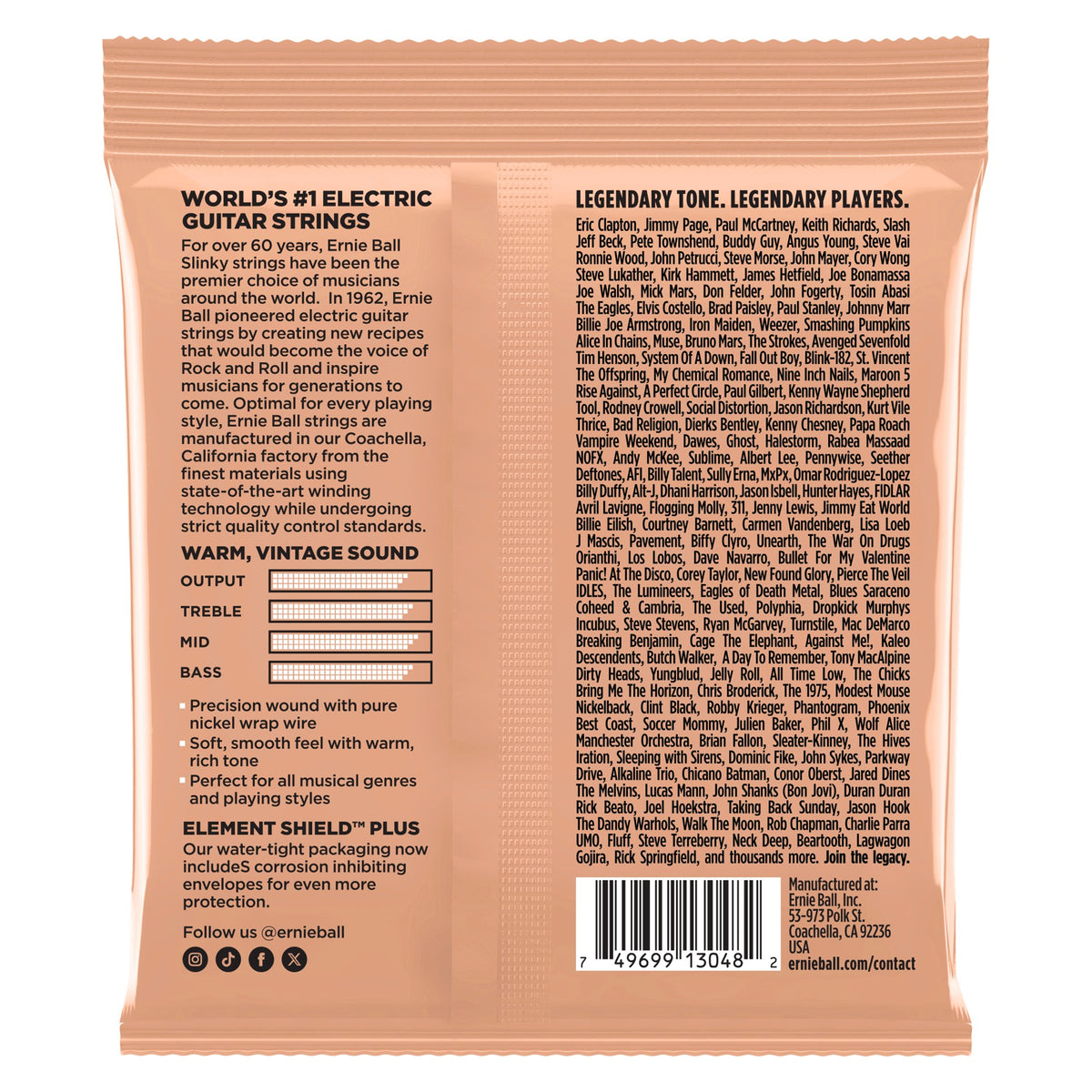Mặt sau bao bì dây Ernie Ball 2256: mã vạch 749699130482