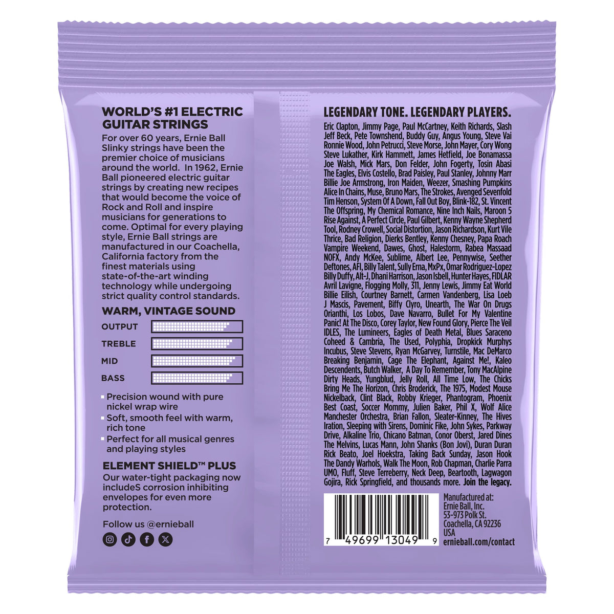 Mặt sau bao bì dây Ernie Ball 2257: mã vạch 749699130499
