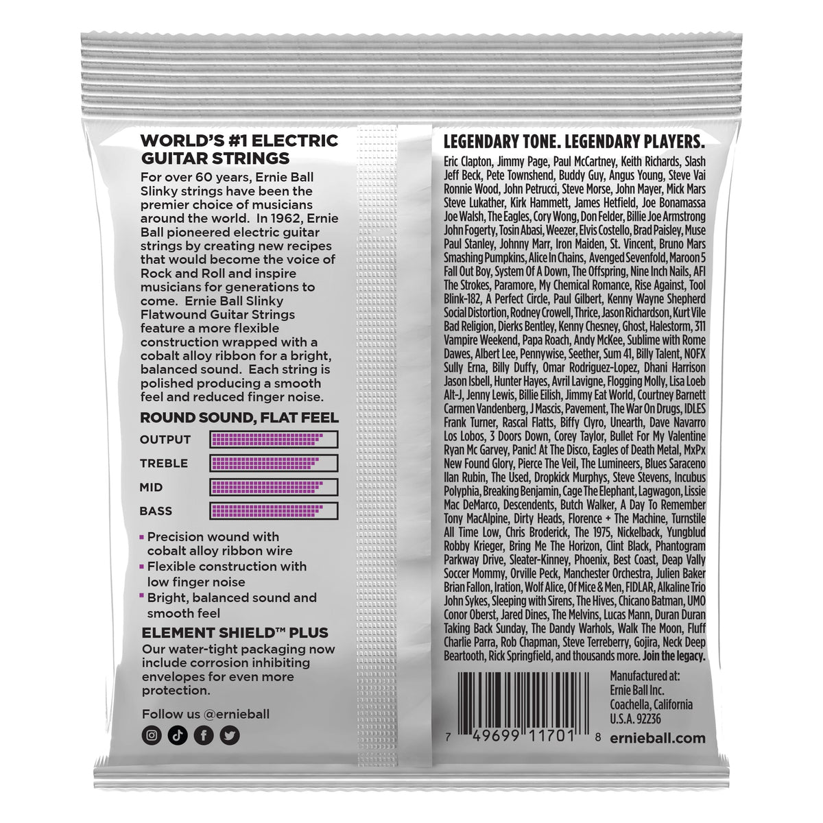 Mặt sau bao bì dây Ernie Ball 2590: mã vạch 749699117018