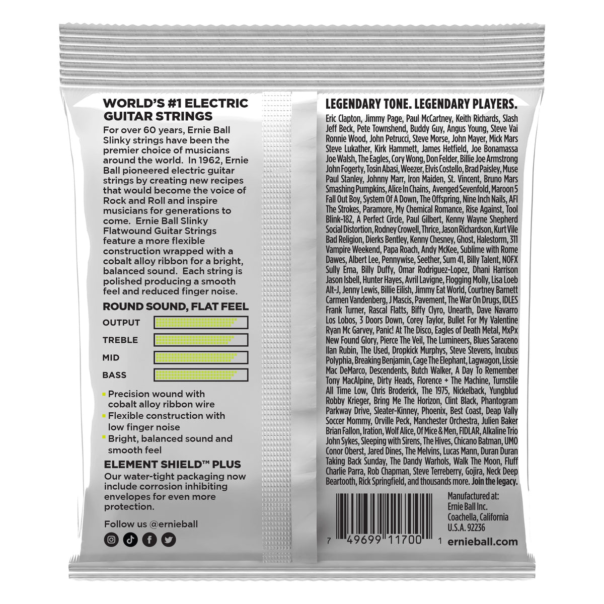 Mặt sau bao bì dây Ernie Ball 2591: mã vạch 749699117001