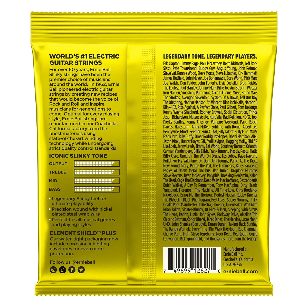 Mặt sau bao bì dây Ernie Ball 2627: mã vạch 749699126270