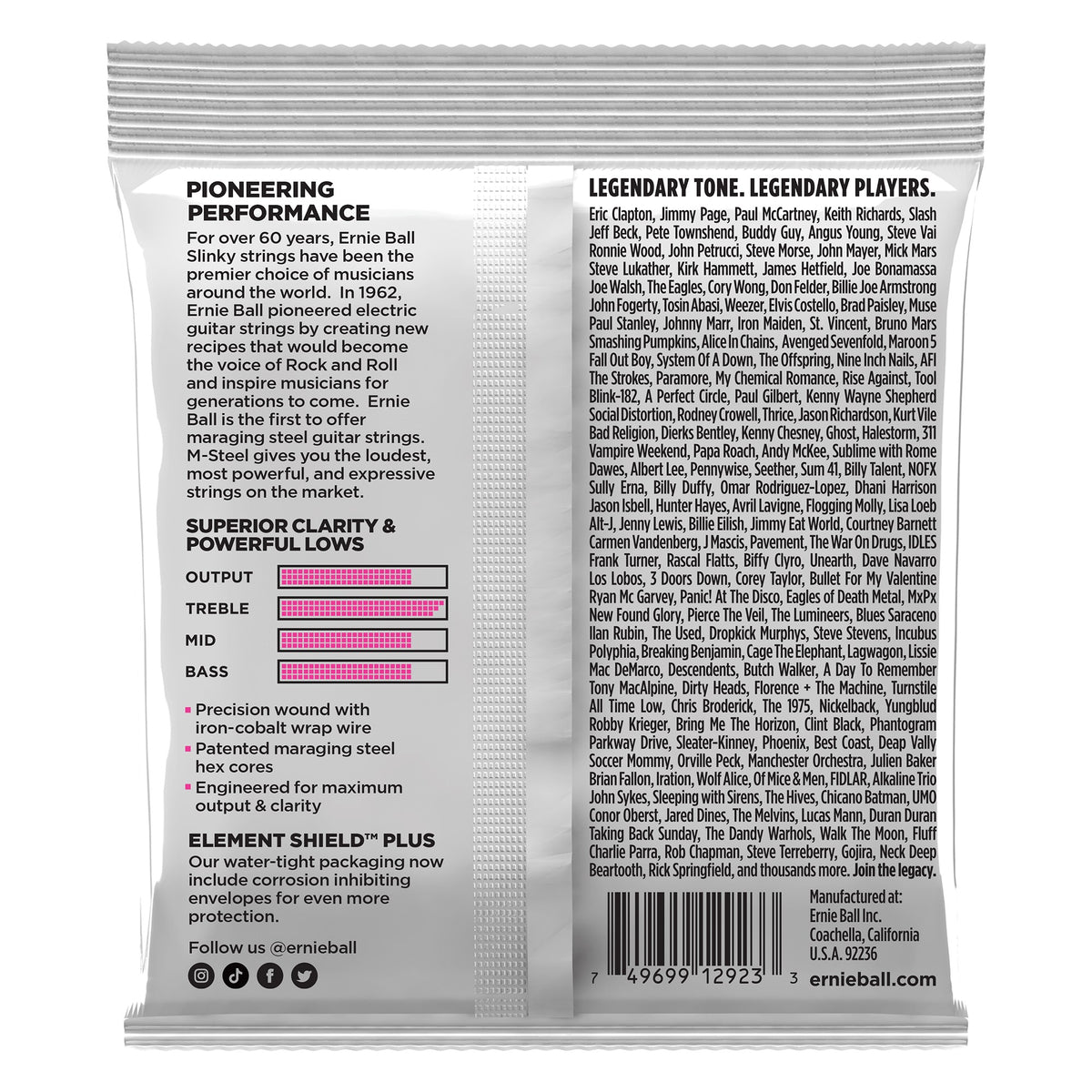 Mặt sau bao bì dây Ernie Ball 2923: mã vạch 749699129233
