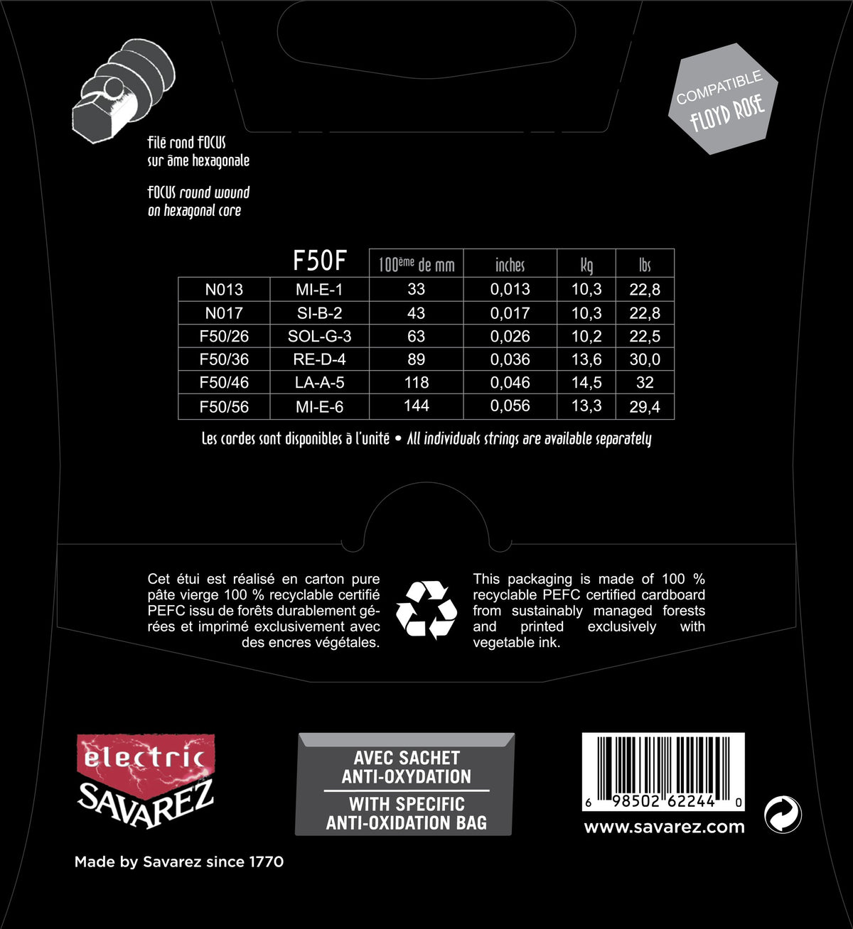 Mặt sau bao bì dây Savarez F50F: bảng cỡ dây và lực căng từng dây, mã vạch UPC 698502622440