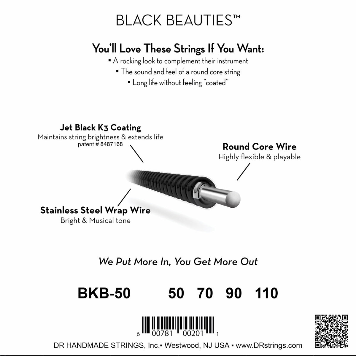 Mặt sau bao bì dây DR Black Beauties BKB-50: mã BKB-50, cỡ từng dây, mã vạch, DR Handmade Strings Westwood NJ USA