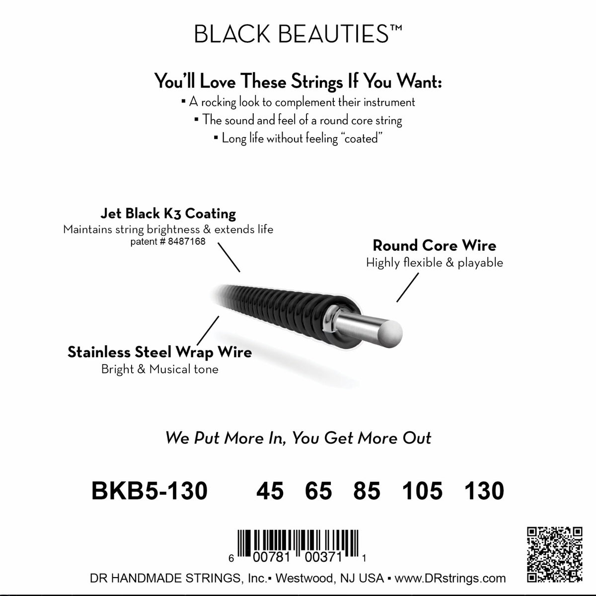 Mặt sau bao bì dây DR Black Beauties BKB5-130: mã BKB5-130, cỡ từng dây, mã vạch, DR Handmade Strings Westwood NJ USA