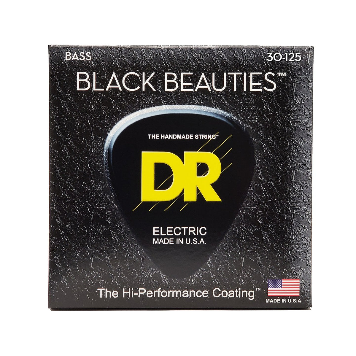 Dây DR Black Beauties BKB6-30 30-125 Medium 6-String – bao bì mặt trước, in MADE IN USA