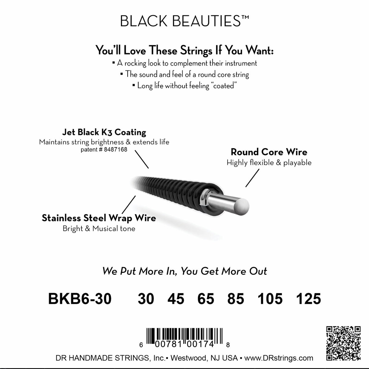 Mặt sau bao bì dây DR Black Beauties BKB6-30: mã BKB6-30, cỡ từng dây, mã vạch, DR Handmade Strings Westwood NJ USA
