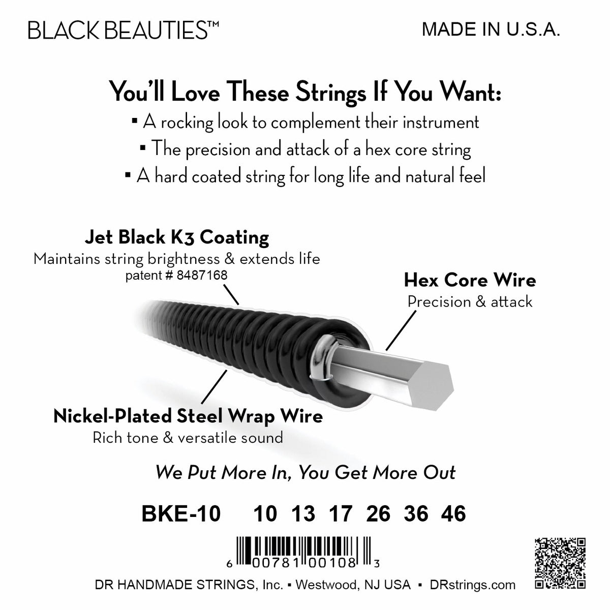 Mặt sau bao bì dây DR Black Beauties BKE-10: mã BKE-10, cỡ từng dây, mã vạch, DR Handmade Strings Westwood NJ USA