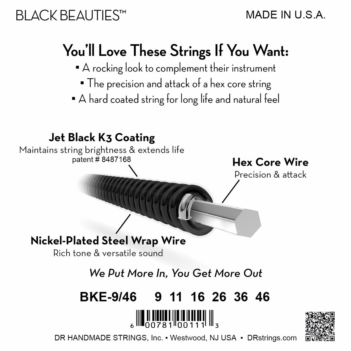 Mặt sau bao bì dây DR Black Beauties BKE-9/46: mã BKE-9/46, cỡ từng dây, mã vạch, DR Handmade Strings Westwood NJ USA