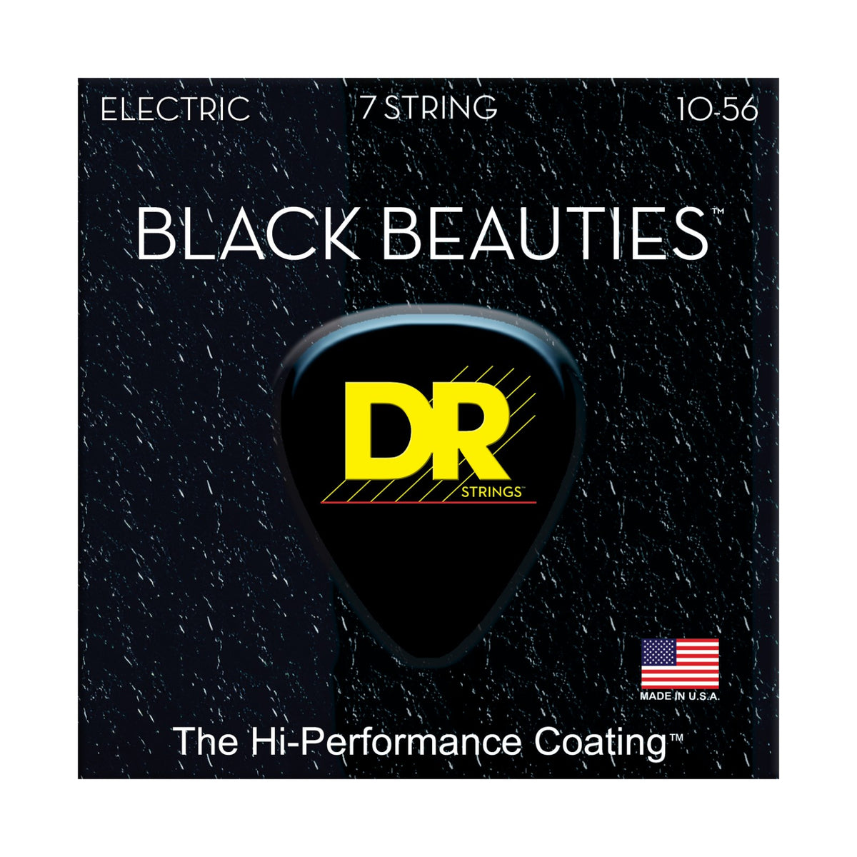Dây DR Black Beauties BKE7-10 10-56 Medium 7-String – bao bì mặt trước, in MADE IN USA
