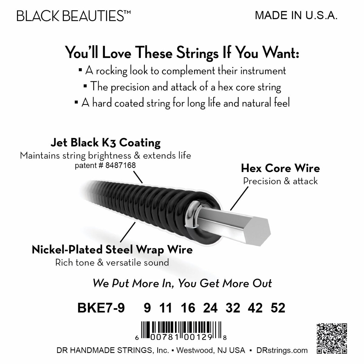 Mặt sau bao bì dây DR Black Beauties BKE7-9: mã BKE7-9, cỡ từng dây, mã vạch, DR Handmade Strings Westwood NJ USA