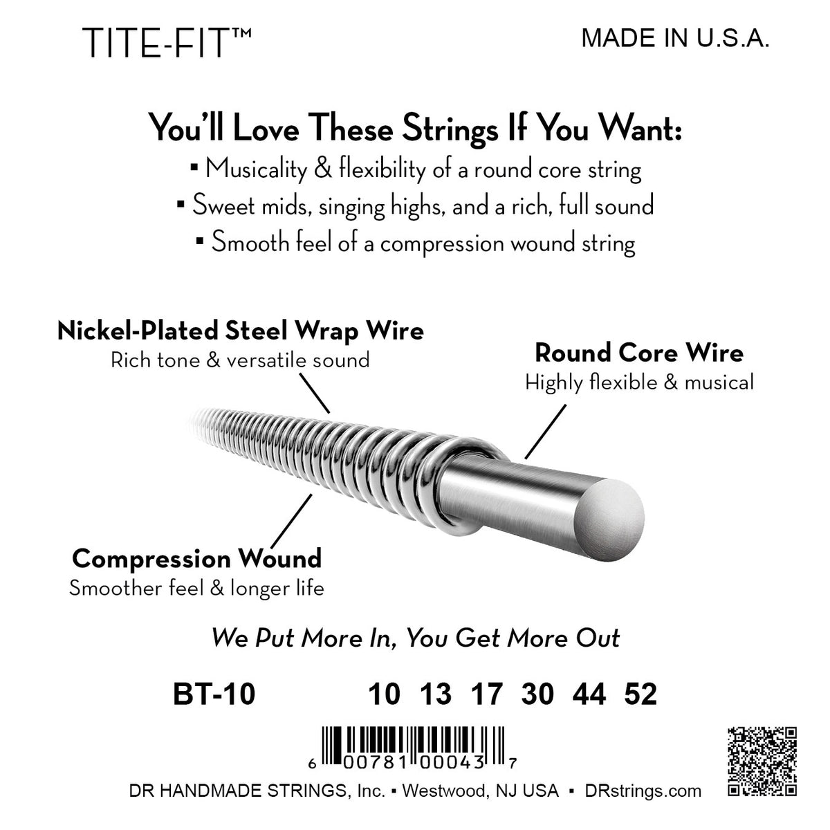 Mặt sau bao bì dây DR Tite-Fit BT-10: mã BT-10, cỡ từng dây, mã vạch, DR Handmade Strings Westwood NJ USA
