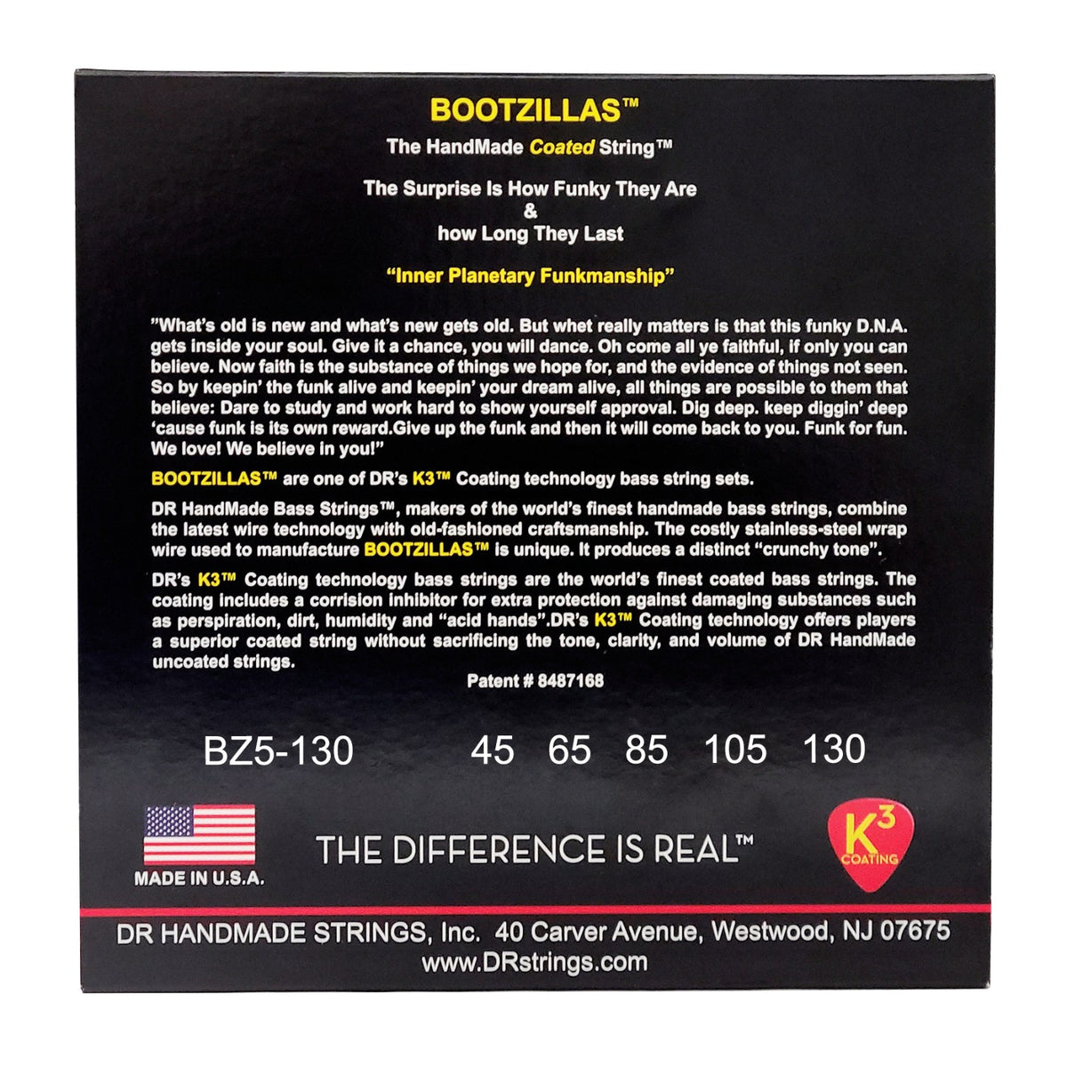 Mặt sau bao bì dây DR Bootzillas BZ5-130: mã BZ5-130, cỡ từng dây, mã vạch, DR Handmade Strings Westwood NJ USA