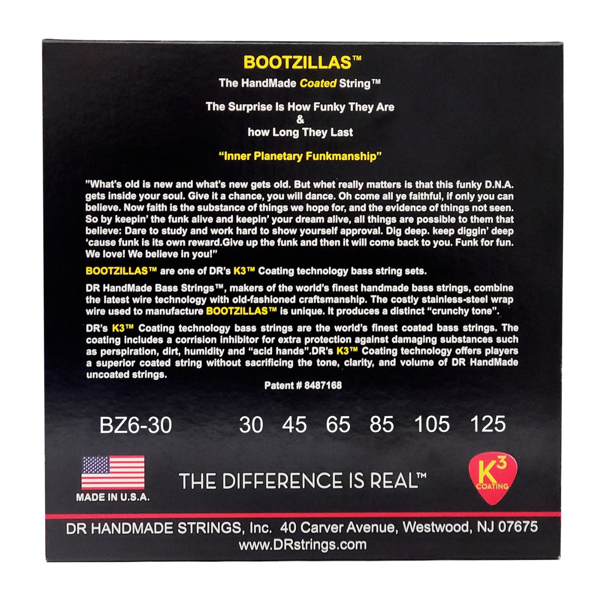 Mặt sau bao bì dây DR Bootzillas BZ6-30: mã BZ6-30, cỡ từng dây, mã vạch, DR Handmade Strings Westwood NJ USA