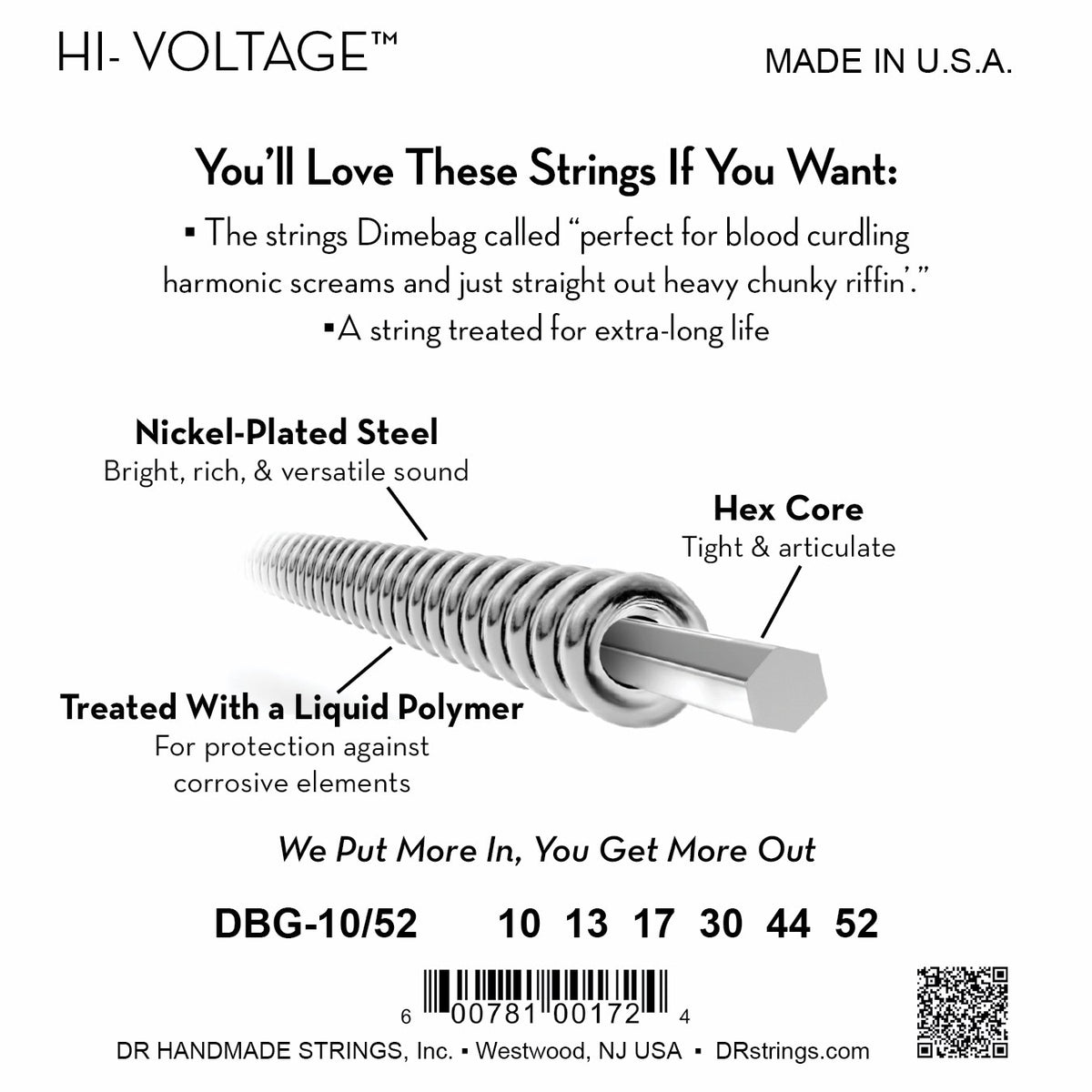 Mặt sau bao bì dây DR Hi-Voltage DBG-10/52: mã DBG-10/52, cỡ từng dây, mã vạch, DR Handmade Strings Westwood NJ USA