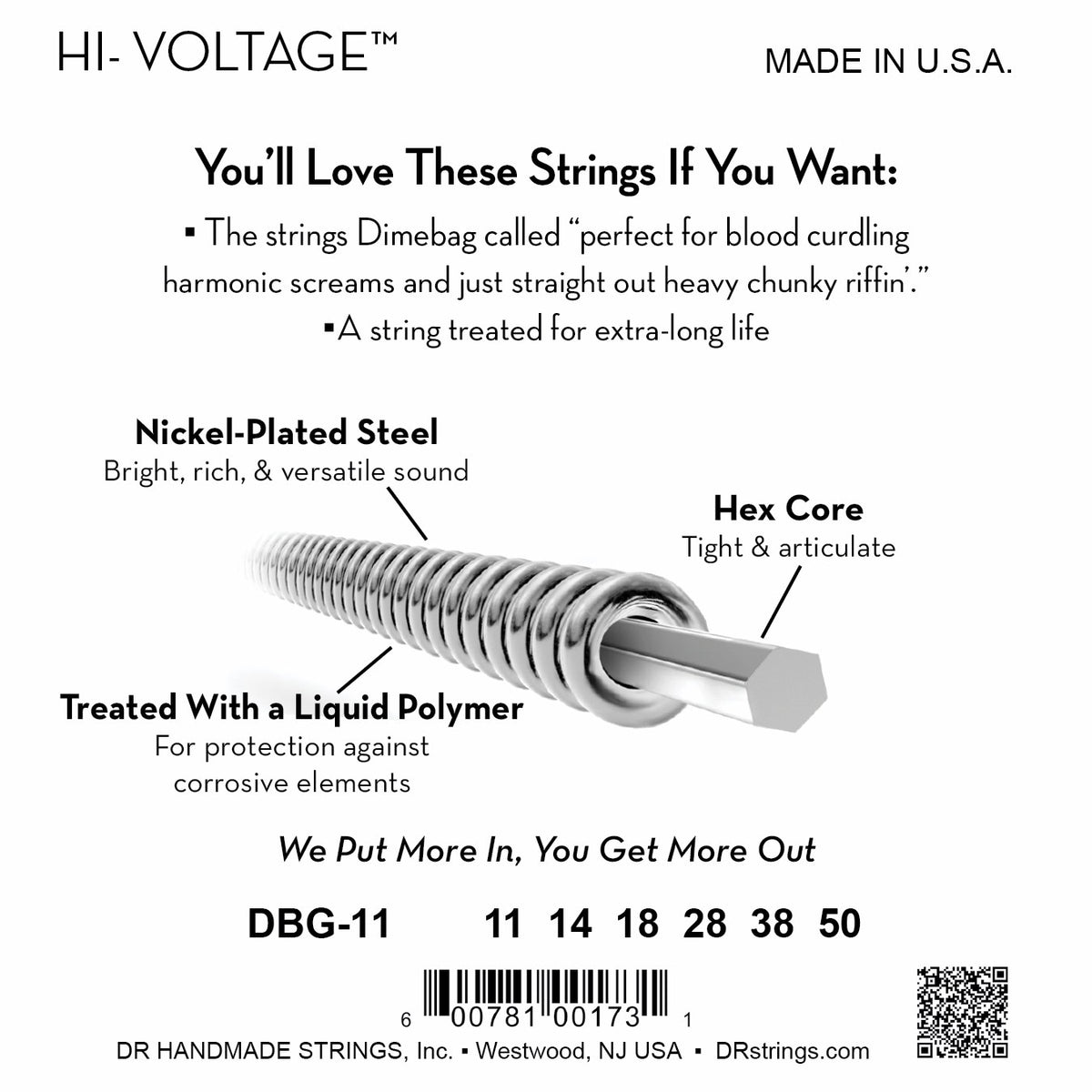 Mặt sau bao bì dây DR Hi-Voltage DBG-11: mã DBG-11, cỡ từng dây, mã vạch, DR Handmade Strings Westwood NJ USA