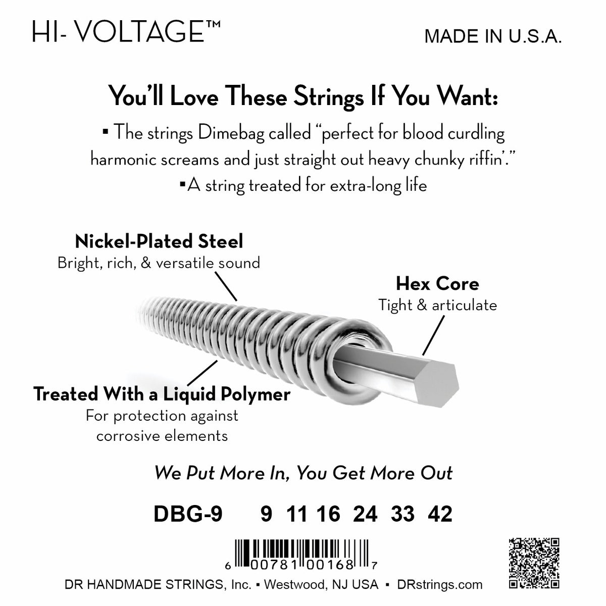 Mặt sau bao bì dây DR Hi-Voltage DBG-9: mã DBG-9, cỡ từng dây, mã vạch, DR Handmade Strings Westwood NJ USA