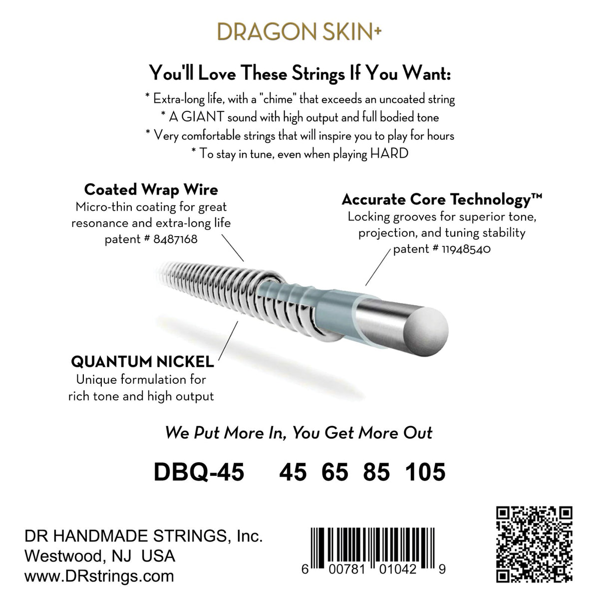 Mặt sau bao bì dây DR Dragon Skin+ DBQ-45: mã DBQ-45, cỡ từng dây, mã vạch, DR Handmade Strings Westwood NJ USA