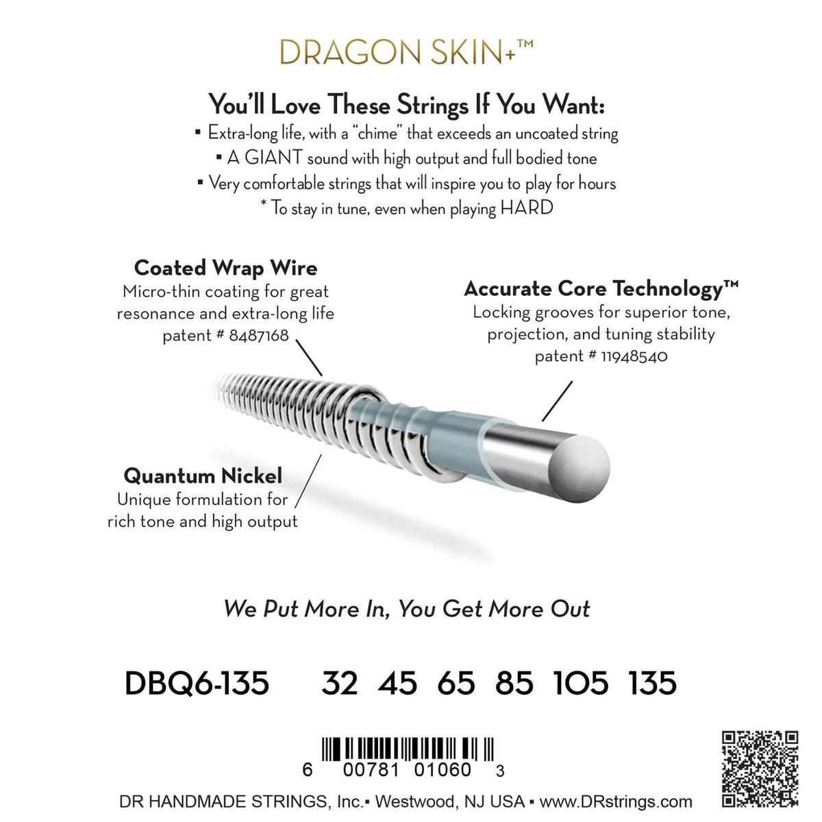 Mặt sau bao bì dây DR Dragon Skin+ DBQ6-135: mã DBQ6-135, cỡ từng dây, mã vạch, DR Handmade Strings Westwood NJ USA