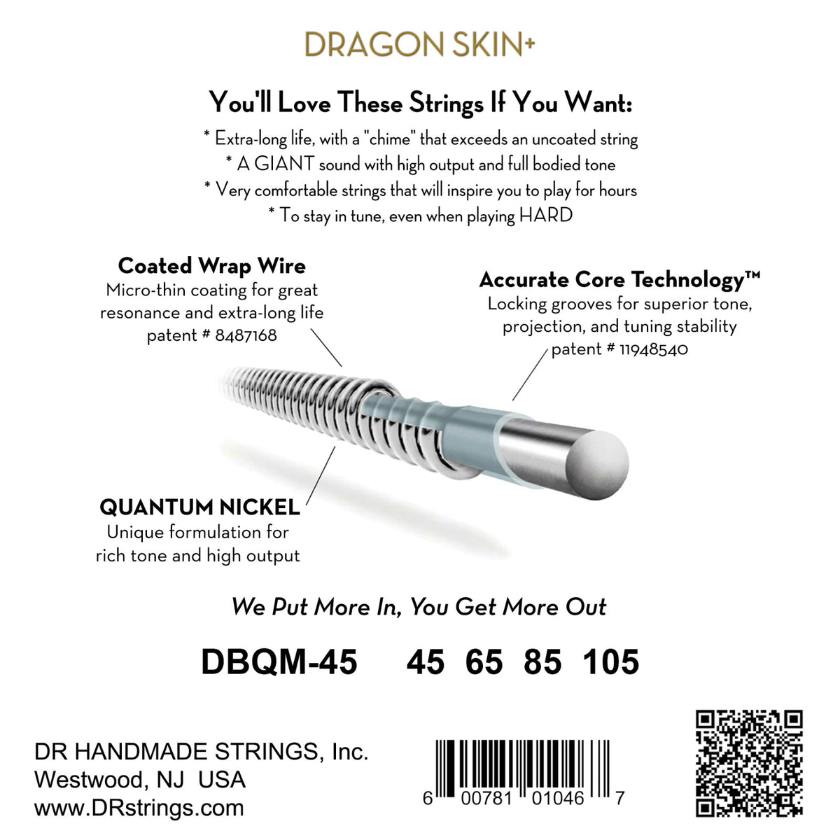 Mặt sau bao bì dây DR Dragon Skin+ DBQM-45: mã DBQM-45, cỡ từng dây, mã vạch, DR Handmade Strings Westwood NJ USA