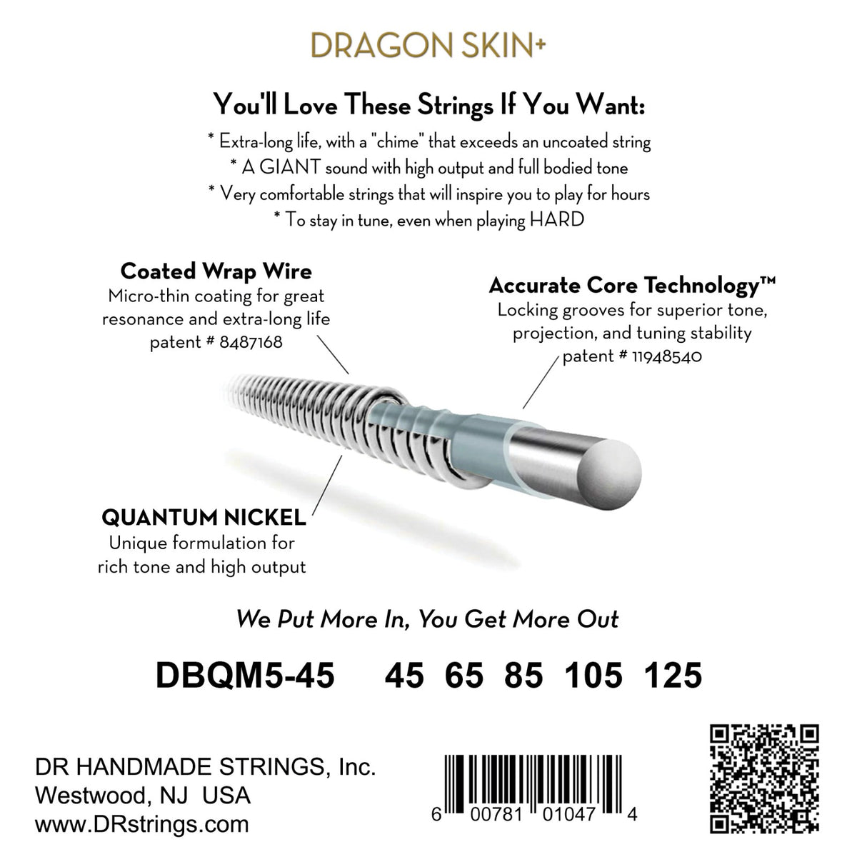 Mặt sau bao bì dây DR Dragon Skin+ DBQM5-45: mã DBQM5-45, cỡ từng dây, mã vạch, DR Handmade Strings Westwood NJ USA