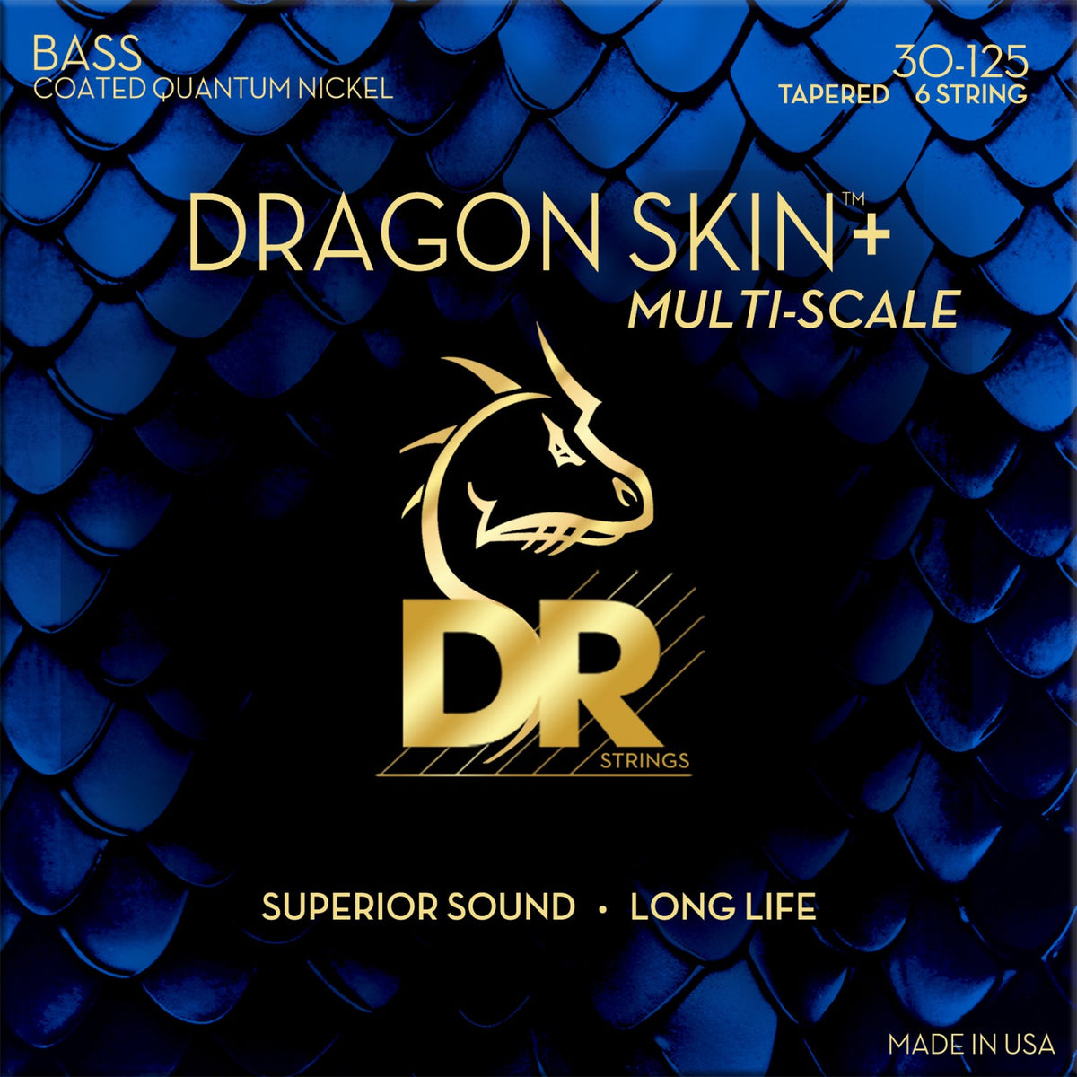 Dây DR Dragon Skin+ DBQM6-30 30-125 Medium Multi-Scale 6-String – bao bì mặt trước, in MADE IN USA