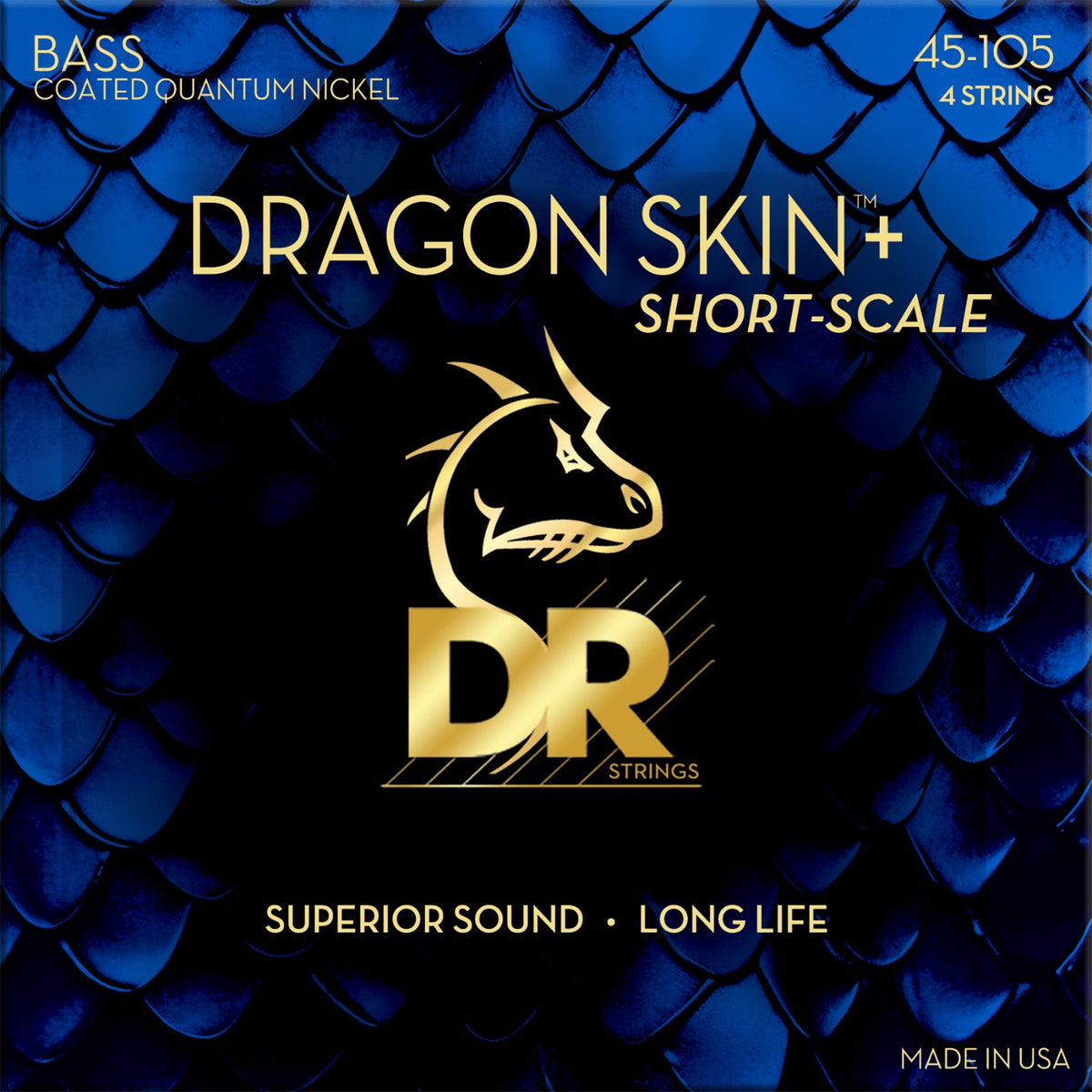 Dây DR Dragon Skin+ DBQS-45 45-105 Medium - Short Scale – bao bì mặt trước, in MADE IN USA