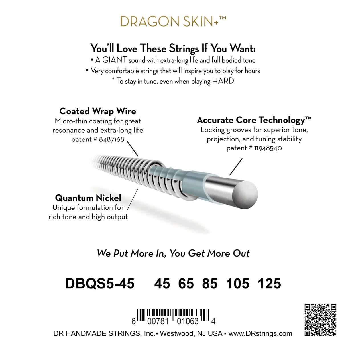 Mặt sau bao bì dây DR Dragon Skin+ DBQS5-45: mã DBQS5-45, cỡ từng dây, mã vạch, DR Handmade Strings Westwood NJ USA