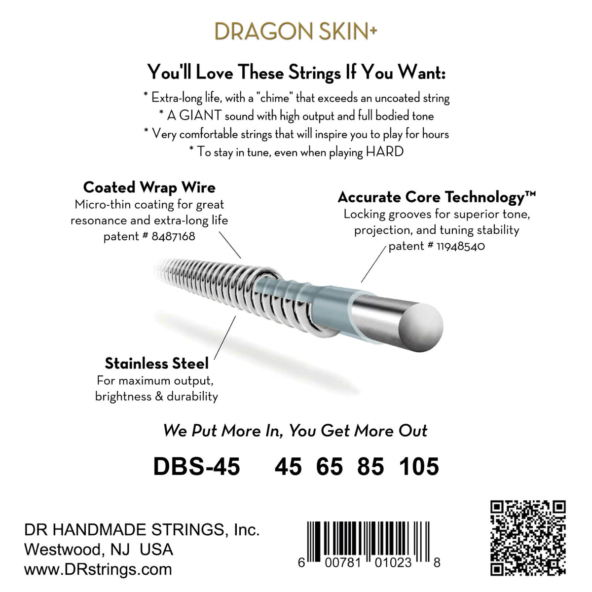Mặt sau bao bì dây DR Dragon Skin+ DBS-45: mã DBS-45, cỡ từng dây, mã vạch, DR Handmade Strings Westwood NJ USA